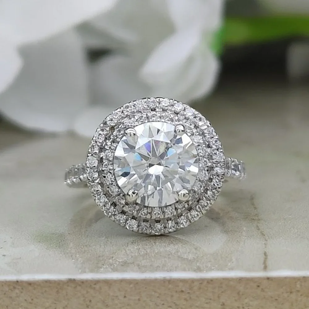 2Ct Moissanite Double Halo Ring 925 Sterling Silver - Picture 1 of 5